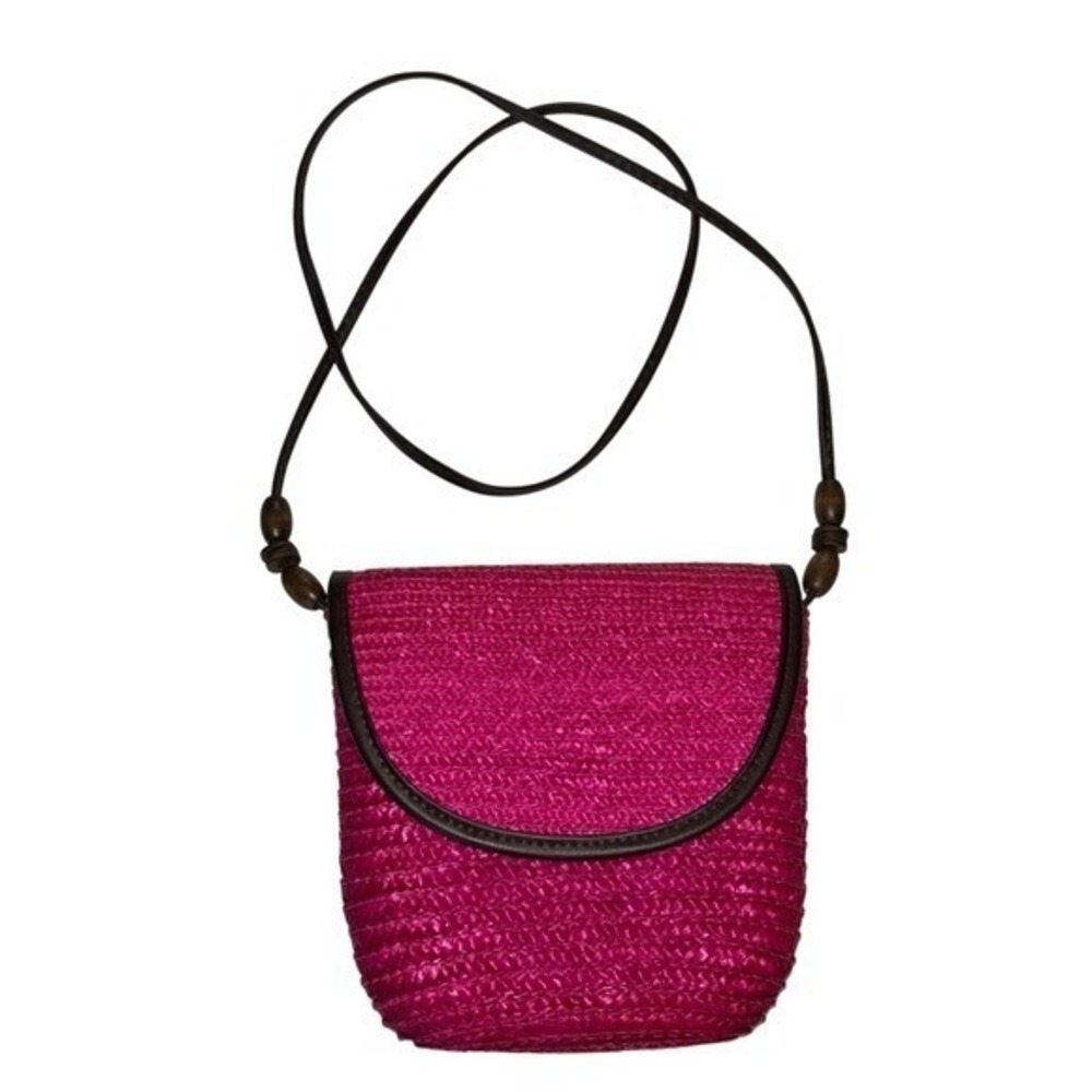 Hot Pink Woven Straw Crossbody Bag with Wooden Bead Accents Small Boho